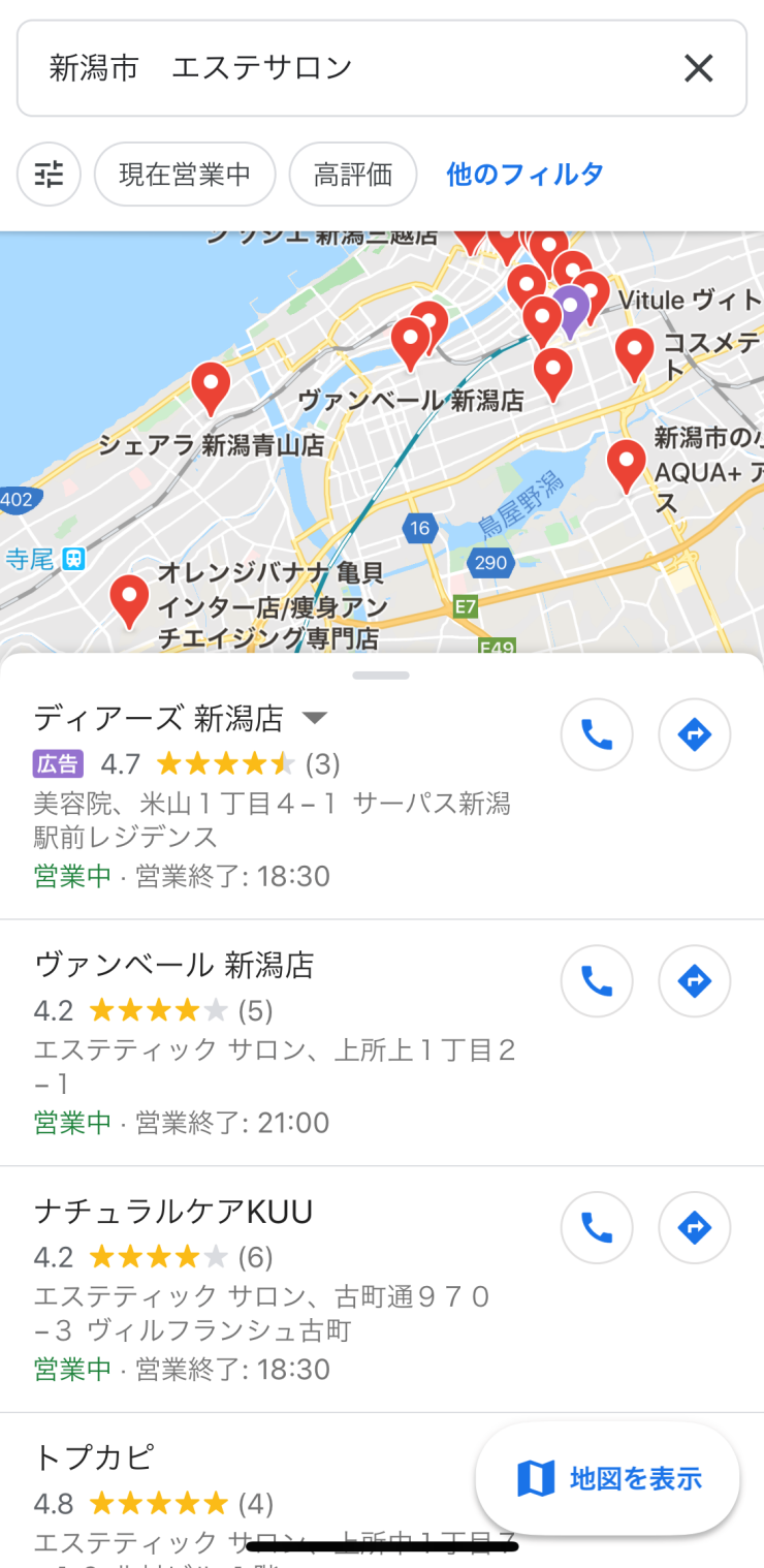 「新潟市 エステサロン」でGoogle検索した結果の画面